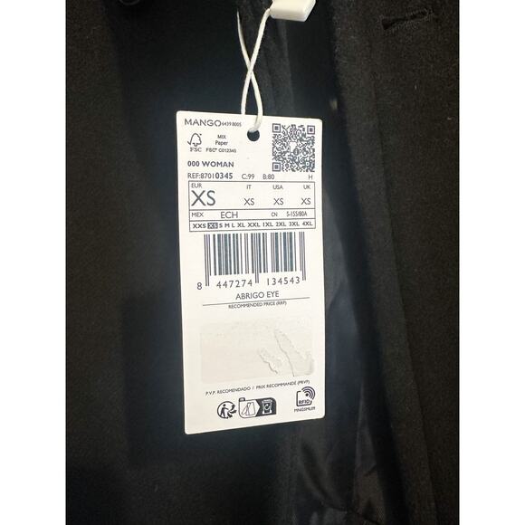 Mango Black Wool Long Peacoat Size XS - Picture 6 of 8